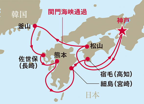 神戸発着クリスマスクルーズ8日間のルートマップ