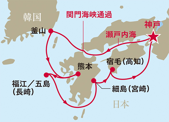 神戸発着瀬戸内クルーズ8日間（西廻り）のルートマップ