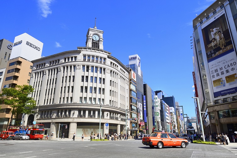 銀座４丁目交差点と街並み